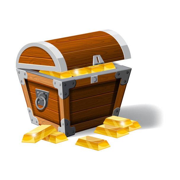 Old pirate chest full of gold bars, vector, cartoon style, illustration, isolated. For games, advertising applications - Vector, imagen