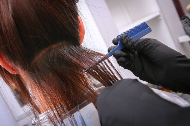 Girl in beauty salon while an hair stylist dyeing her hair - Photo, Image