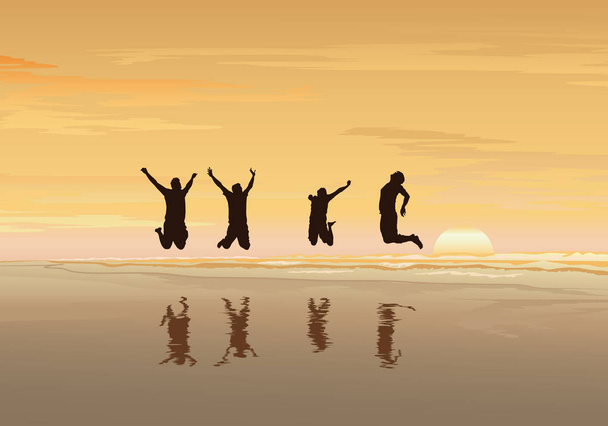     Tło koncepcja wolności i niezależności, sylwetka szczęśliwy ludzi skaczących na plazy - ilustracja wektorowa  - Wektor, obraz