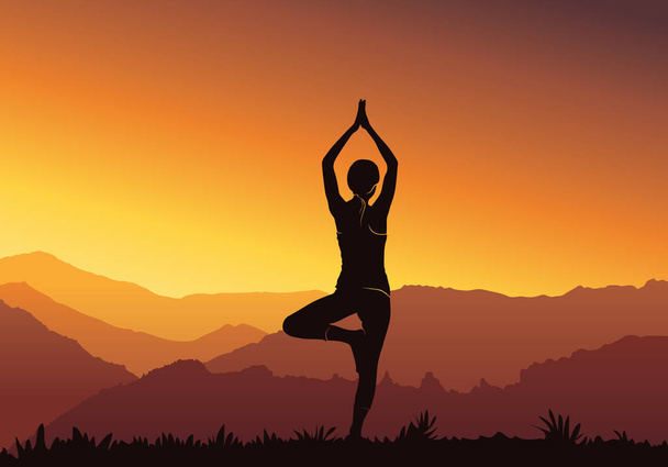 Fond de yoga. Silhouette de jeune femme pratiquant le yoga au bord de la rivière illustration vectorielle
  - Vecteur, image