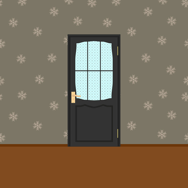 Διάνυσμα ξύλο κλειστή πόρτα με απομονωμένες καρέ σε νιφάδα χιονιού φόντο άνευ ραφής - Διάνυσμα, εικόνα