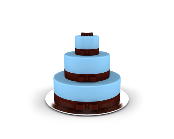 Blue cake on three floors with chocolate ribbons and bows on it isolated on white background - Φωτογραφία, εικόνα