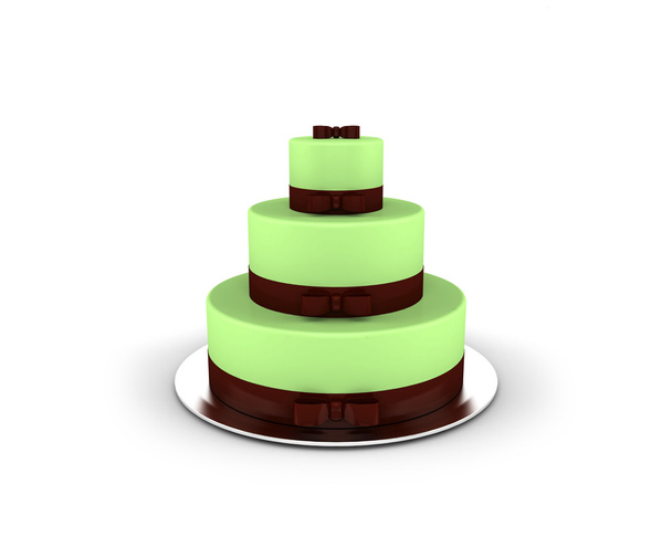 Green cake on three floors with chocolate ribbons and bows on it isolated on white background - Foto, Imagem