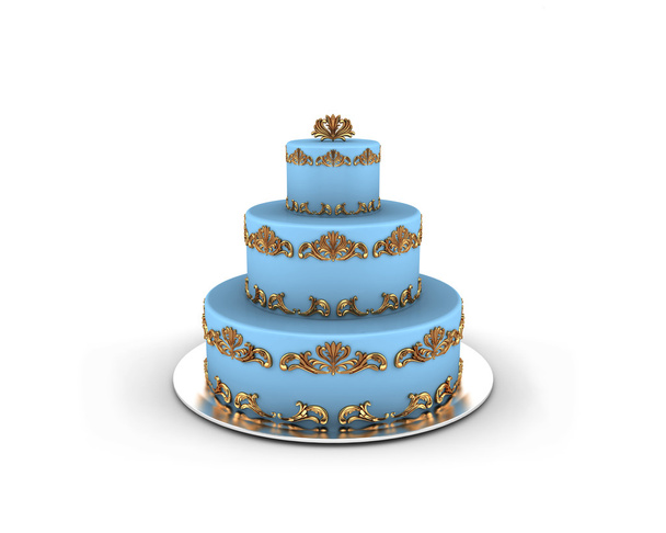 niebieski tort na trzech piętrach z złote ozdoby na nim na białym tle - Zdjęcie, obraz