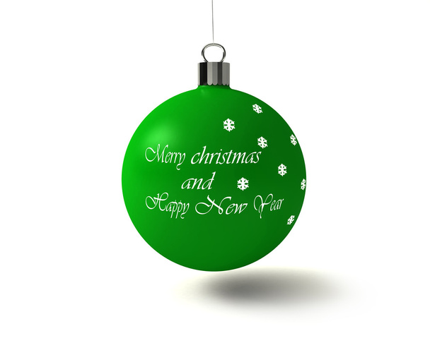Brillante bola de árbol de Navidad verde con texto Feliz Navidad y Feliz Año Nuevo en él aislado sobre fondo blanco
 - Foto, Imagen