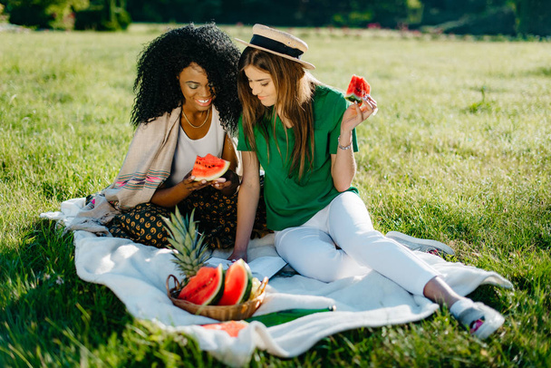 Outdoor picnic portrait. Two multi-race girl friends are having fun.The alluring african girl is browsing via the mobile while her pretty blonde friend is reading book. They are eating the watermelon. - Foto, imagen