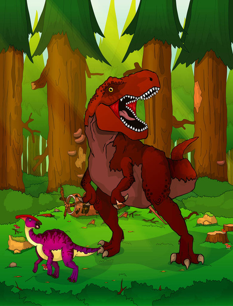 Tyrannosaurus a háttérben erdő - Vektor, kép