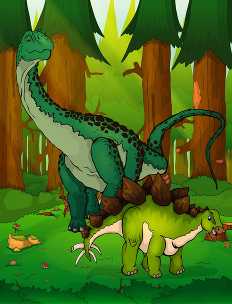 Diplodocus και Στεγόσαυρος στο φόντο του δάσους - Διάνυσμα, εικόνα