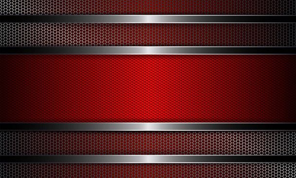 Geometric background with metal grille and rectangular red grooved frame. - Vector, Image
