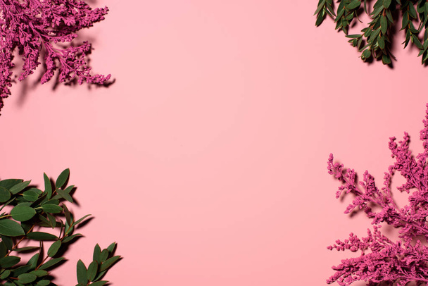 top view of frame of beautiful flowers and branches on pink tabletop - Фото, изображение