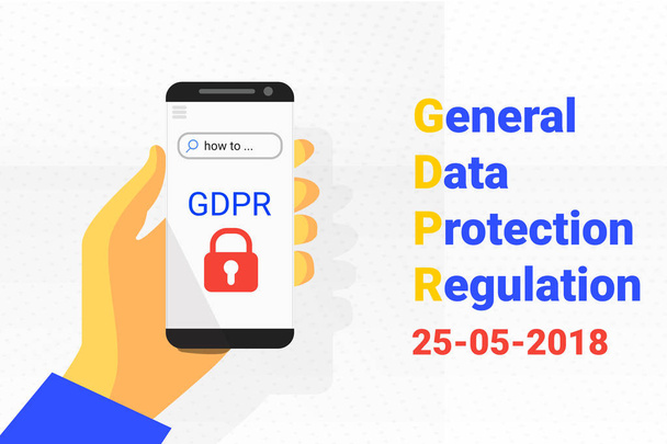 GDPR - Informações gerais sobre a tecnologia de proteção de dados. telefone na mão. Vetor
 - Vetor, Imagem
