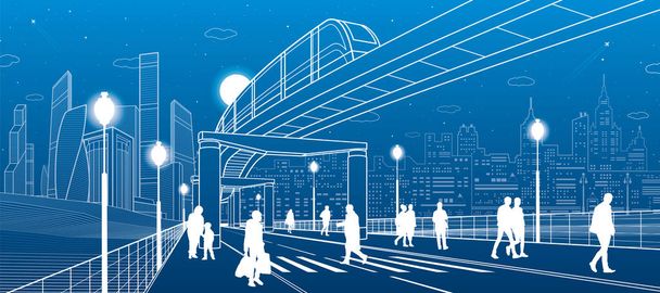 Infrastructure and transport panorama. Monorail railway. People walking at crosswalk. Train move. Illuminated street. Modern night city. Towers and skyscrapers. White lines. Vector design art - Vector, Image