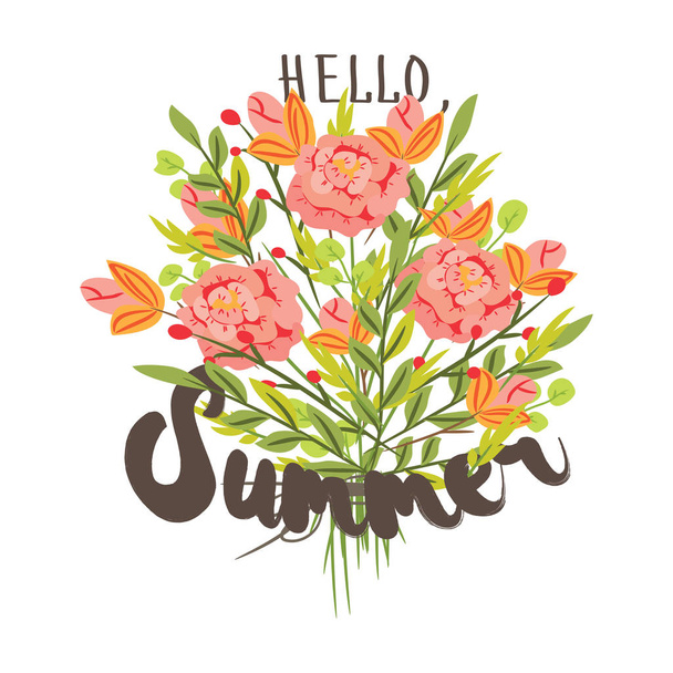 Hallo, Sommer. Handgezeichnete Postkartenschablone mit einem Strauß rosafarbener Blüten. flache Vektorabbildung - Vektor, Bild