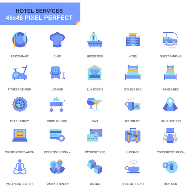 Eenvoudige Set Hotel Service Flat pictogrammen voor Website en mobiele Apps. Bevat deze pictogrammen als receptie, Restaurant, Roomservice. 48 x 48 Pixel Perfect. Bewerkbare beroerte. Vectorillustratie. - Vector, afbeelding