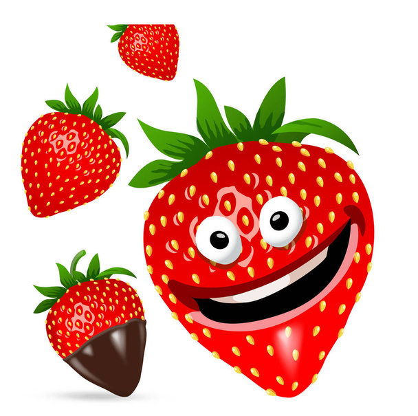 Erdbeere Cartoon-Zeichensatz. Vektor-Illustration, Clip-Art, isoliert auf weißem Hintergrund - Vektor, Bild