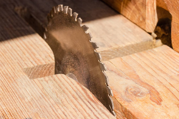 Hoja de sierra circular para cortar madera en primer plano con enfoque selectivo
 - Foto, imagen