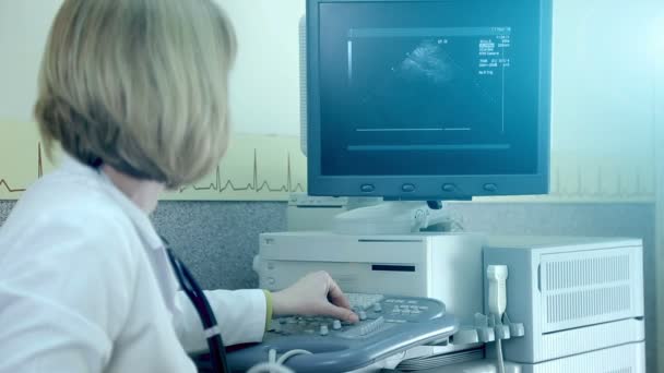 Dokter onderzoekt een hart patiënten met echografie. Diagnostiek en echografie onderzoek van de patiënt - Video