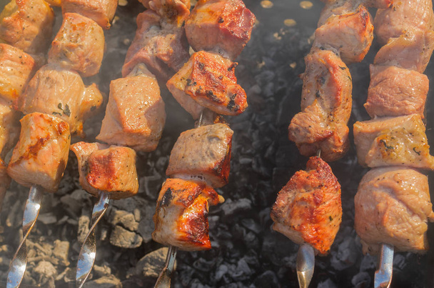 Carne de cerdo jugosa cocinada al aire libre sobre carbones ardientes
 - Foto, imagen