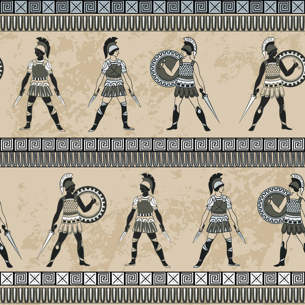 Seamless pattern with ancient greek fighting people and ornament. Traditional ethnic background. Vintage vector illustration  - Vector, Image