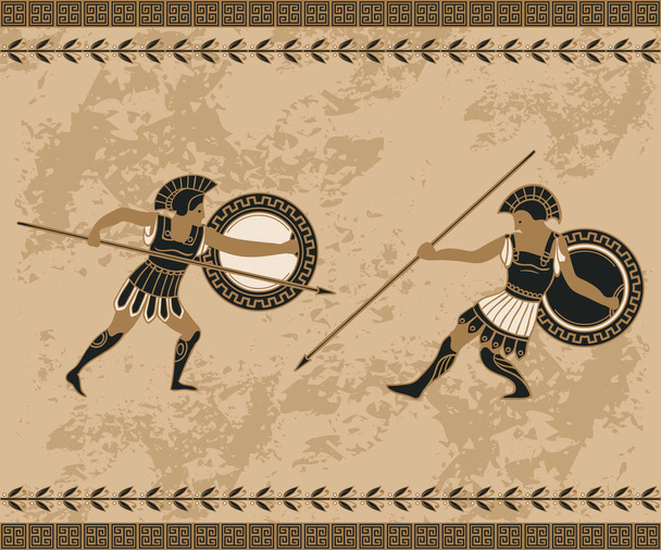 Давньогрецьке тло з боротьбою з людьми та орнаментом. Традиційний етнічний дизайн. Урожай Векторні ілюстрації
  - Вектор, зображення