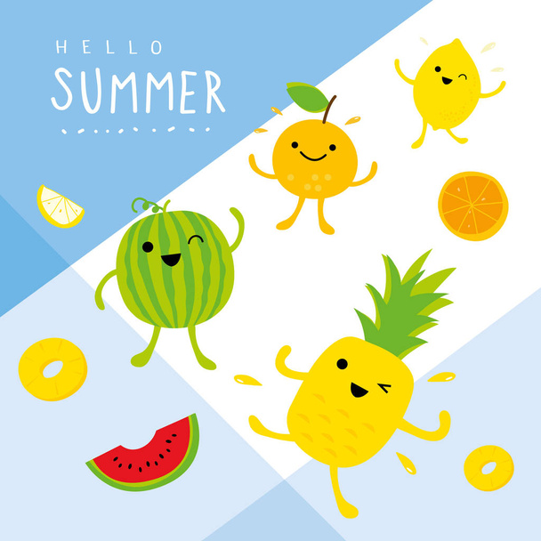 Summer Fresh Fruit Pineapple Watermelon Lemon Orange Cartoon Smile Funny Cute Set Character Vector - Vektor, obrázek