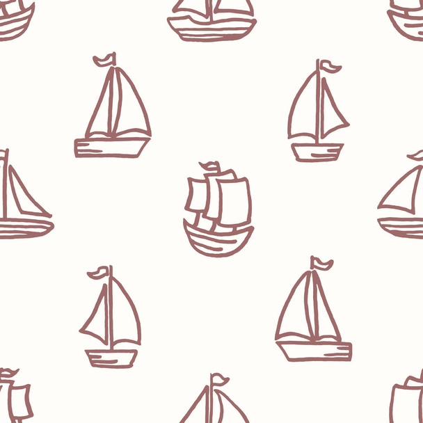 Vector seamless pattern with freehand drawn cartoon sea ocean sail sailing ships boats transport waves made in kid childish style on breige background - Vector, imagen