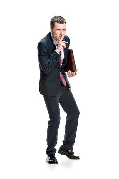Full body portrait of businessman with folder on white - Foto, afbeelding