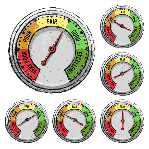 Speedometer. Poor, fair, good, excellent - rating meter. Vector illustration - Vector, Image