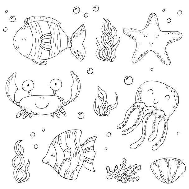 Illustration Vector doodle set of elements of marine life. Underwater World collection. Icons and symbols hand drawing sketch - Vector, imagen