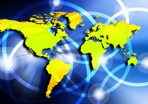 Maailman kartta teknologisella pohjalla, hehkuvat linjat Internetin, radion, television, matkaviestinnän ja satelliittiviestinnän symbolit
. - Valokuva, kuva