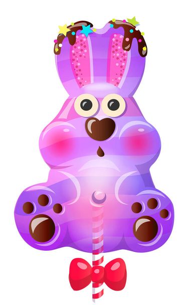 Fun cute cartoon bunny lollipop with bow. Vector illustration on white background - Вектор,изображение