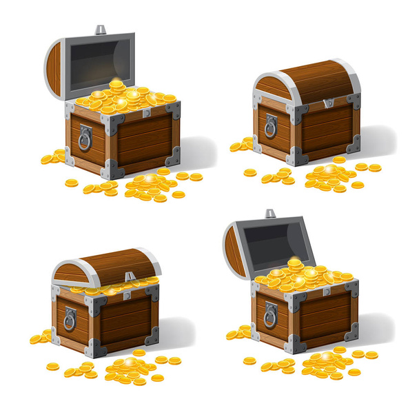 Set piratic trunk chests with gold coins treasures. . Vector illustration. Catyoon style, isolated - Вектор,изображение