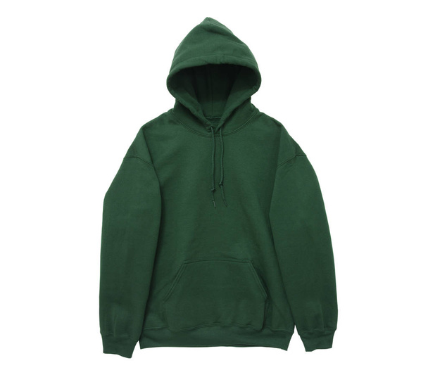 Blanko Kapuzenpullover Sweatshirt Farbe grün Vorderarmansicht auf weißem Hintergrund - Foto, Bild