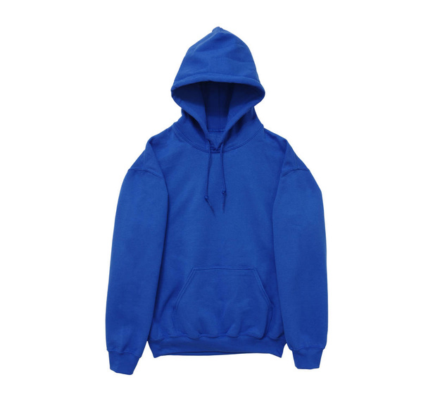 lege hoodie sweater kleur blauw voorste arm uitzicht op witte achtergrond - Foto, afbeelding