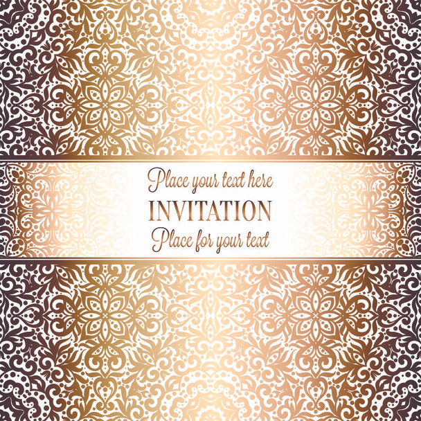 Gold Hochzeitseinladungskarte Vorlage Design mit Damast-Muster auf dem Hintergrund. Traditionelle Dekoration für die Hochzeit im Barockstil - Vektor, Bild