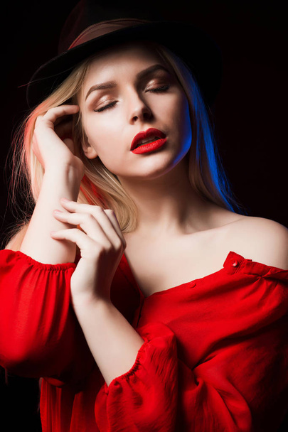 Closeup portrait of lovely blonde model with closed eyes, posing - Foto, Imagem
