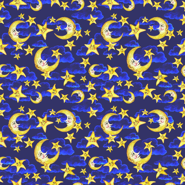 Aquarelle motif sans couture sur le thème de l'illustration d'une bonne nuit pour les enfants, avec la lune, le mois et les étoiles, étoiles endormies, avec des jouets doux dans le ciel nocturne sur un fond rose
 - Photo, image