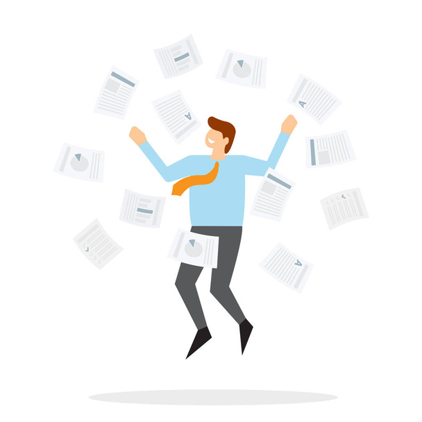 Office worker jumps up and throws paper - Vector, Image
