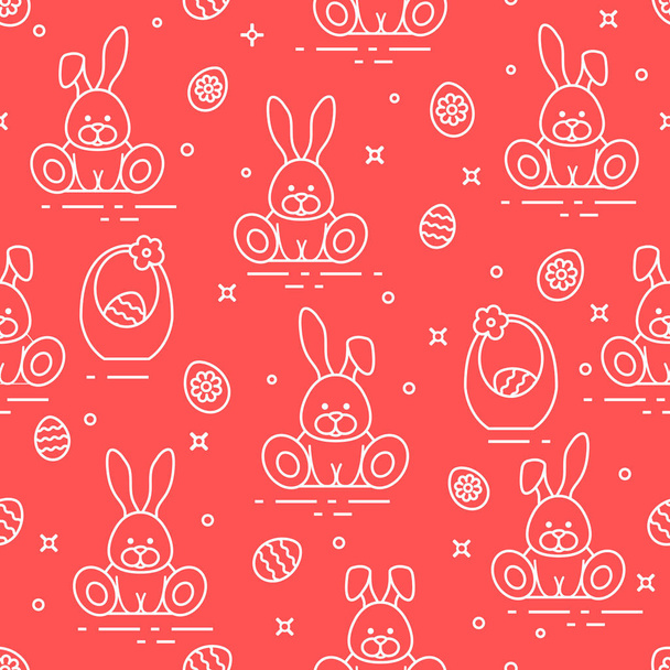 Pattern with Easter rabbits, eggs, baskets. - Vektor, kép