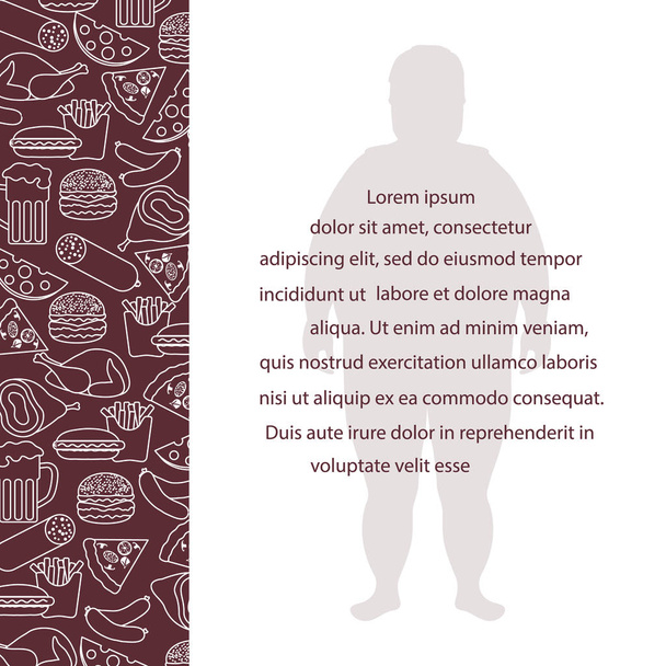 Kövér ember egészségtelen életmód szimbólumokkal. - Vektor, kép