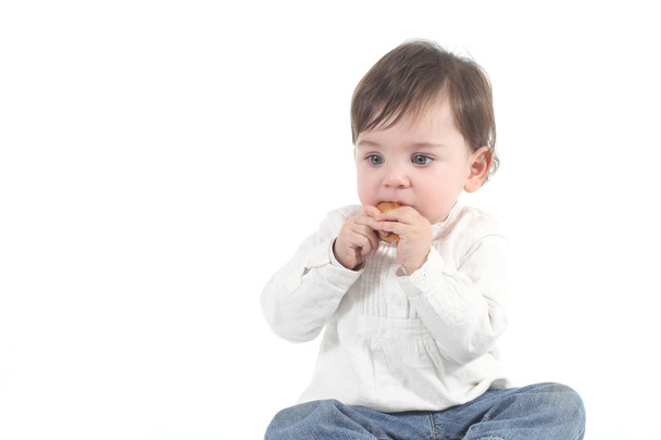 μωρό απορροφάται να φάει ένα μπισκότο - Φωτογραφία, εικόνα