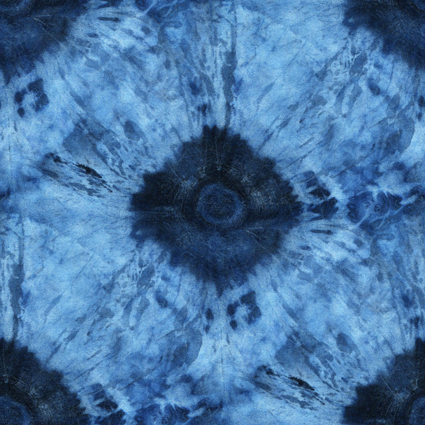 Seamless tie-dye pattern of indigo color on white silk. Hand painting fabrics - nodular batik. Shibori dyeing.  - Photo, Image