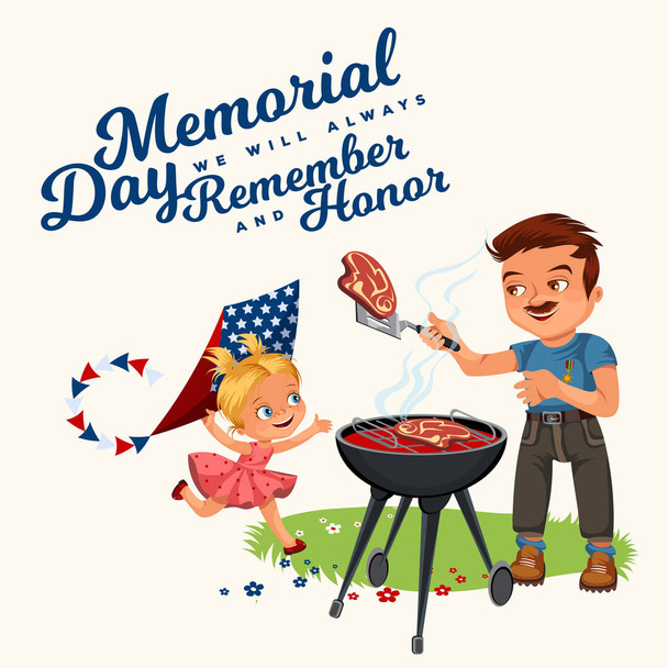 family resting in park or garden, dad grilling meat on grill, girls play on green grass with kite and American flags, family man on picnic patriotic vector illustration - Vector, Image