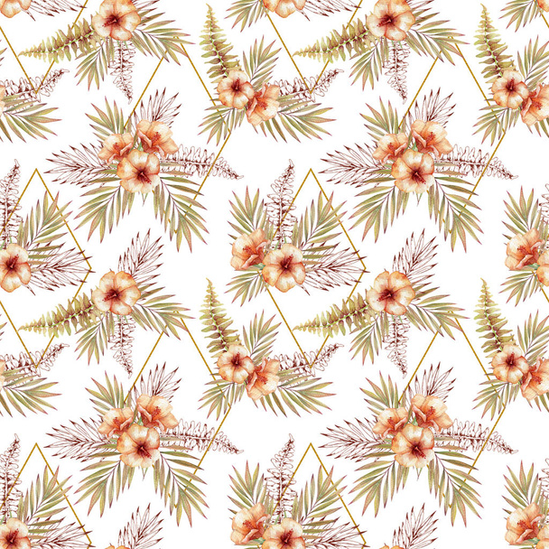 Tropical seamless pattern with watercolor and outline elements. Trendy pattern of hibiscus flowers, leaves and golden rhombus for wallpapers, web page backgrounds, fabric and other products. - Φωτογραφία, εικόνα