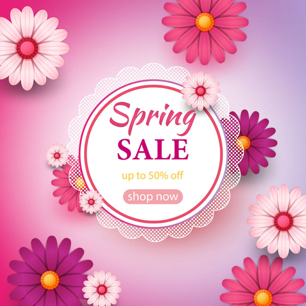 Jarní prodej s šablona nápisu s papírové květiny na barevné backgruond obrázek - Vektor, obrázek