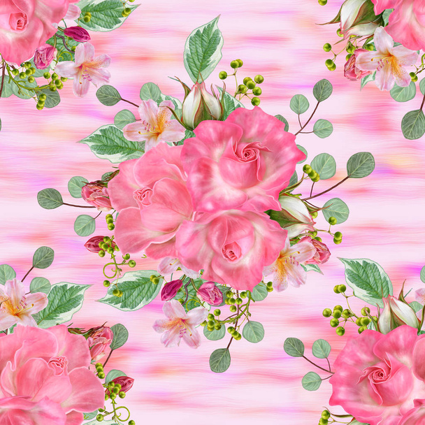 Floral seamless pattern. Flower arrangement, bouquet of delicate beautiful pink roses, green berries, leaves. - Photo, Image