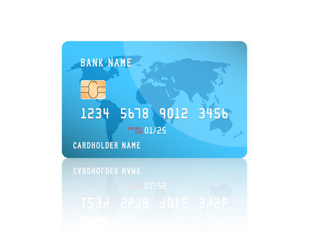 Realistische gedetailleerde creditcard met de kaart van de wereld op blauwe achtergrond. Vector illustratie ontwerp - Vector, afbeelding