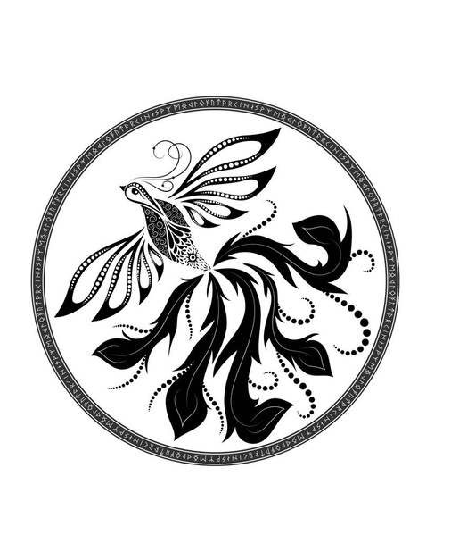 Огненная птица черно-белая в круге руны. Кельтский орнамент
 - Вектор,изображение