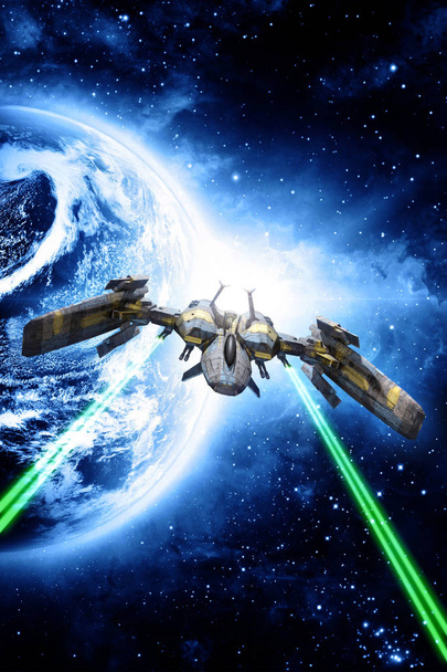 Raumschiff Kämpfer offenes Feuer 3D rendern Science-Fiction-Illustration - Foto, Bild