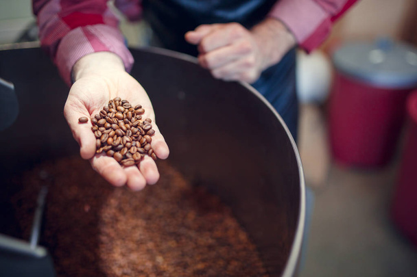 Image of mans hand with coffee beans at industrial roaster - Φωτογραφία, εικόνα